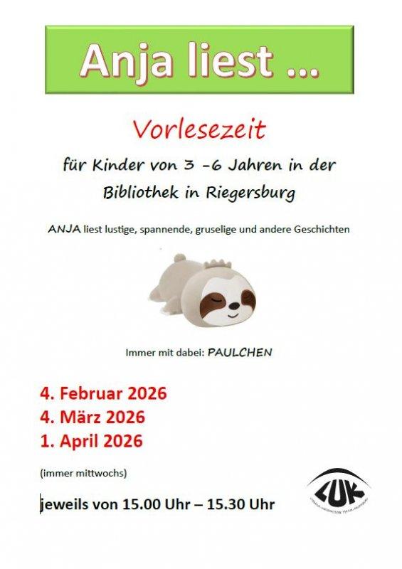 Plakat: Anja liest Februar bis April 2026